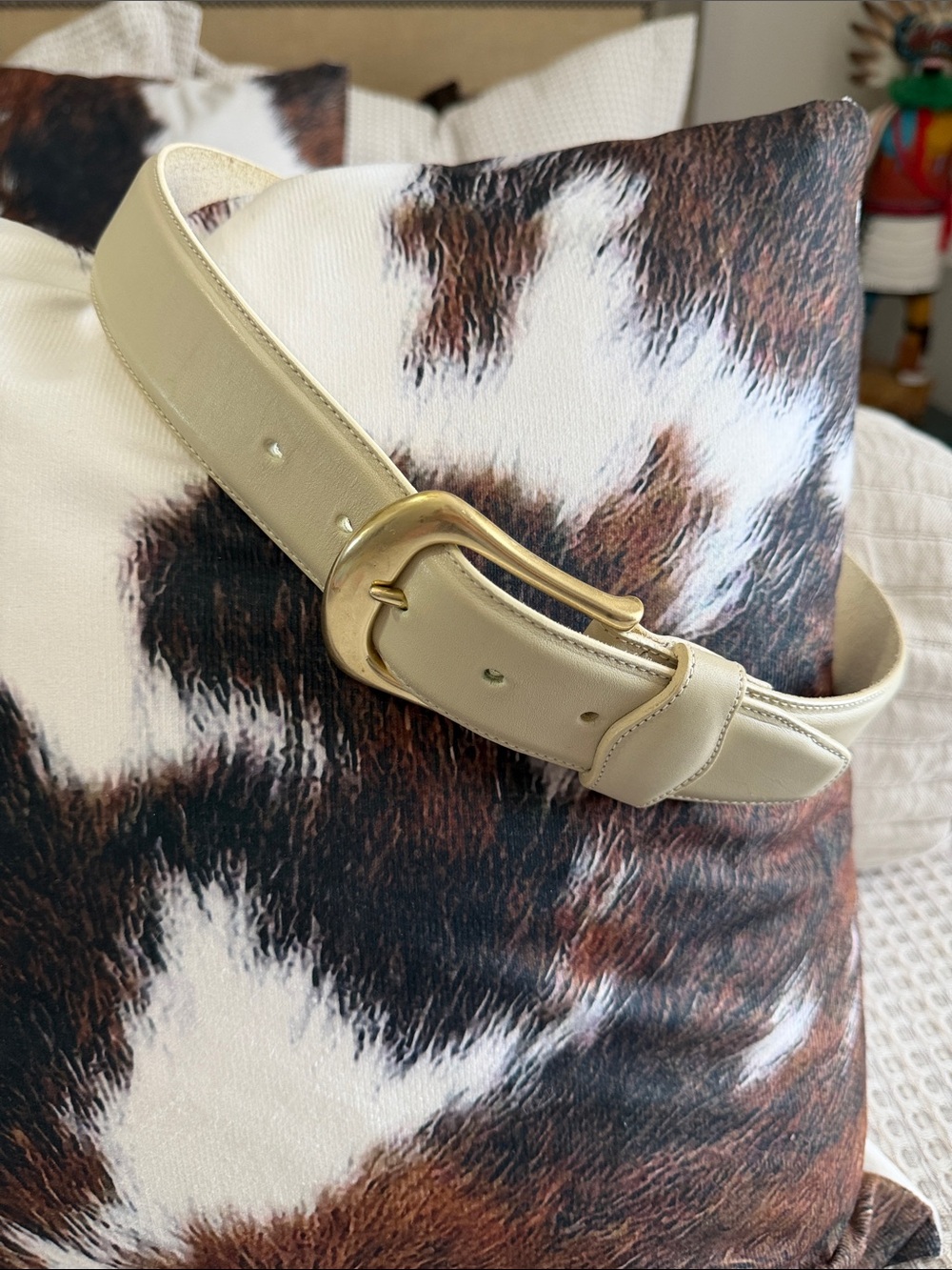 Lands' End Pale Cream Leather Belt with Gold-Tone Buckle
